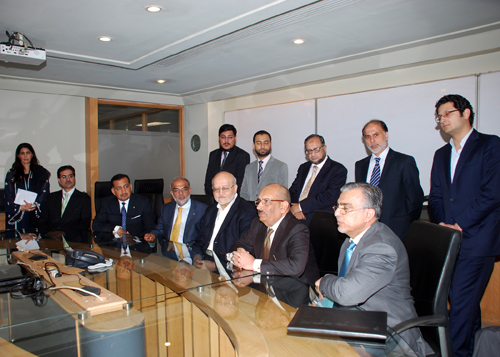 Signing Ceremony of Syndicated Islamic Financing Facility of DH Fertilizers Limited. (From Left to right)Mr. Saeed Iqbal (Head of Investment Banking -United Bank Limited), Ahmed Khizer Khan (President & CEO -Burj Bank Limited) and Mr. Irfan Siddiqui (President & CEO- Meezan Bank), Mr. Hussain Dawood (Chairman-Dawood Hercules Corporation Limited), Mr. Shafqaat Ahmed (CEO - Al Baraka Bank) Mr. Shahid Hamid Paracha (Chief Executive Officer – Dawood Hercules Corporation Limited),and other senior staff members of Meezan Bank, Al Braka Bank and Dawood Hercules Corporation Limited.