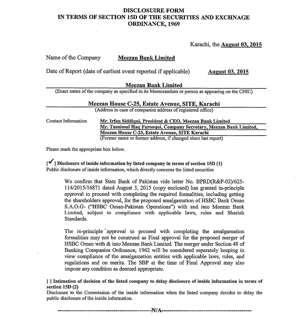 Proposed Amalgamation of HSBC Oman S.A.O.G-Pakistan Operation with and into Meezan Bank Limited 2015 (2)