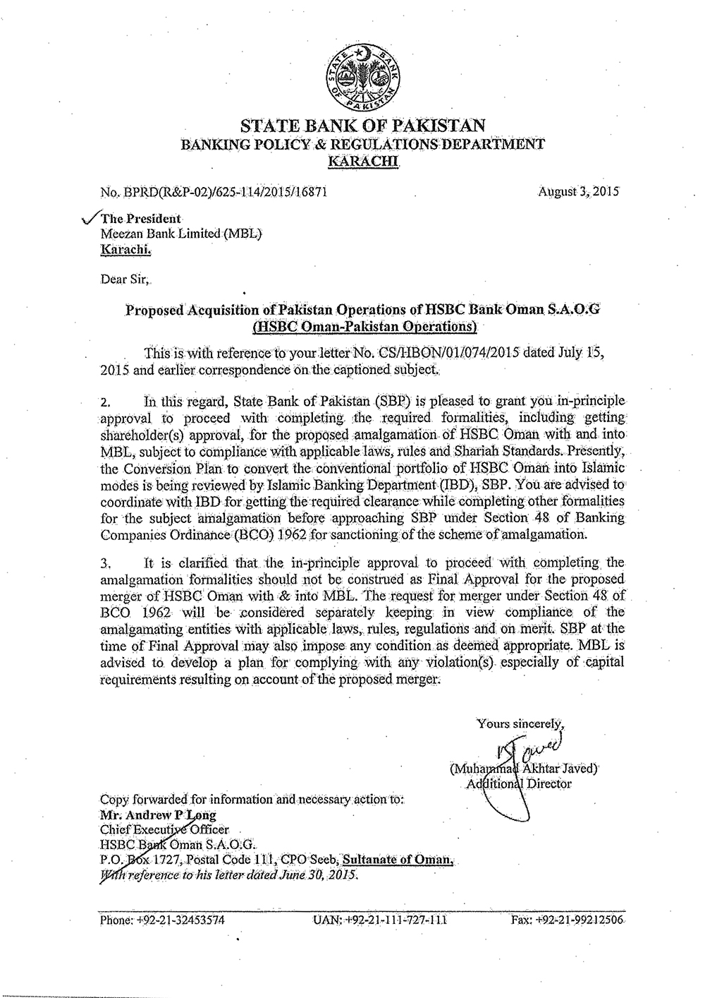 Proposed Amalgamation of HSBC Oman S.A.O.G-Pakistan Operation with and into Meezan Bank Limited 2015 (4)