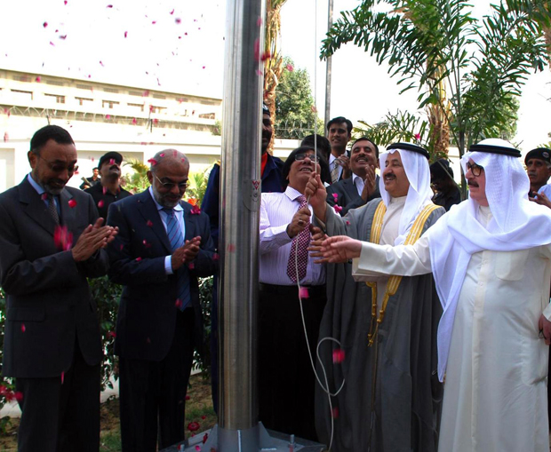 The Chairman of the Board of Directors of Meezan Bank, H. E. Sheikh Ebrahim Bin Khalifa Al-Khalifa and Mr. M. A. Rauf Siddiqui, Minister of Industries and Commerce, Government of Sind at the flag hoisting ceremony held at Meezan Bank’s Head Office. Also seen in the picture are Mr. Abdullateef A. Al-Asfour - Vice Chairman (first from right), Mr. Irfan Siddiqui - Founding President and CEO (second from left) and Mr. Ariful Islam - COO and Executive Director (first from left). Justice (Retd.) Muhammad Taqi Usmani, Chairman of Meezan Bank’s Shariah Supervisory Board also visited the Head Office on the occasion.