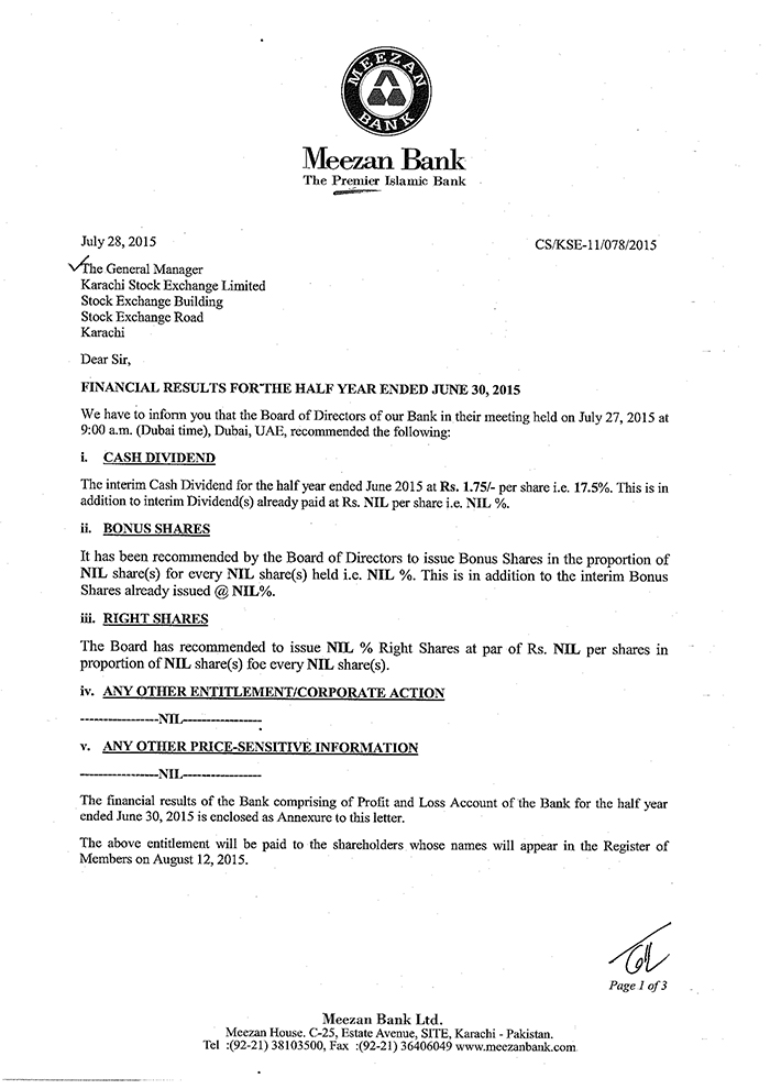 Financial Results for the Half Year Ended June 30, 2015 (1)