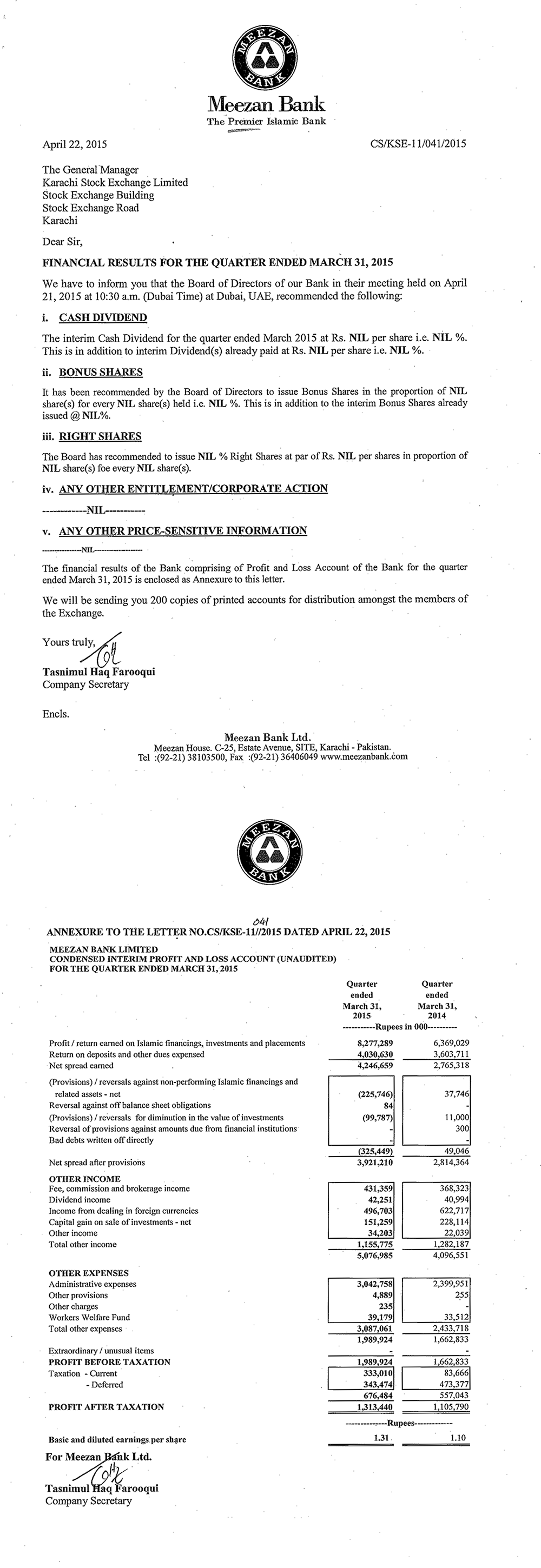 Financial Results for the Quarter Ended March 31, 2015 (1)