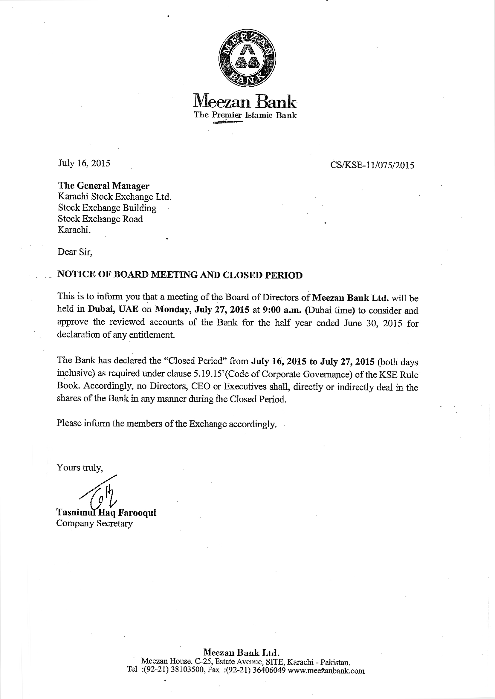 Notice of Board Meeting and Closed Period 2015