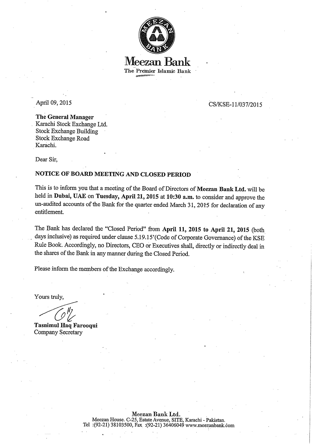 Notice of Board Meeting and Closed Period 2015