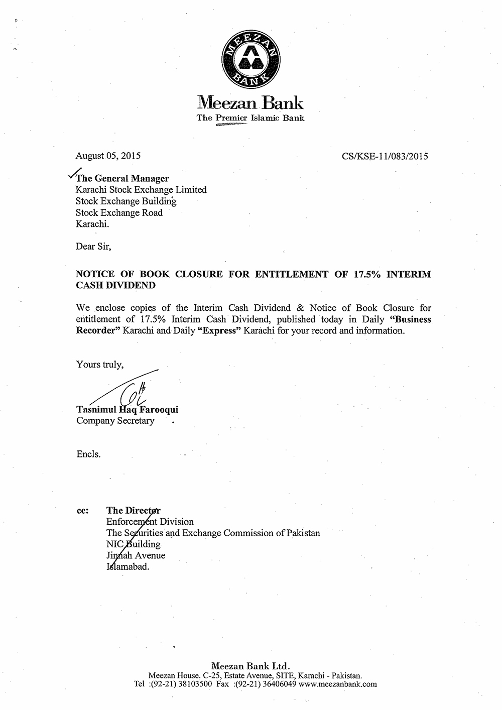 Notice of Book Closure for Entitlement of 17.5% Interim Cash Dividend 2015 (1)