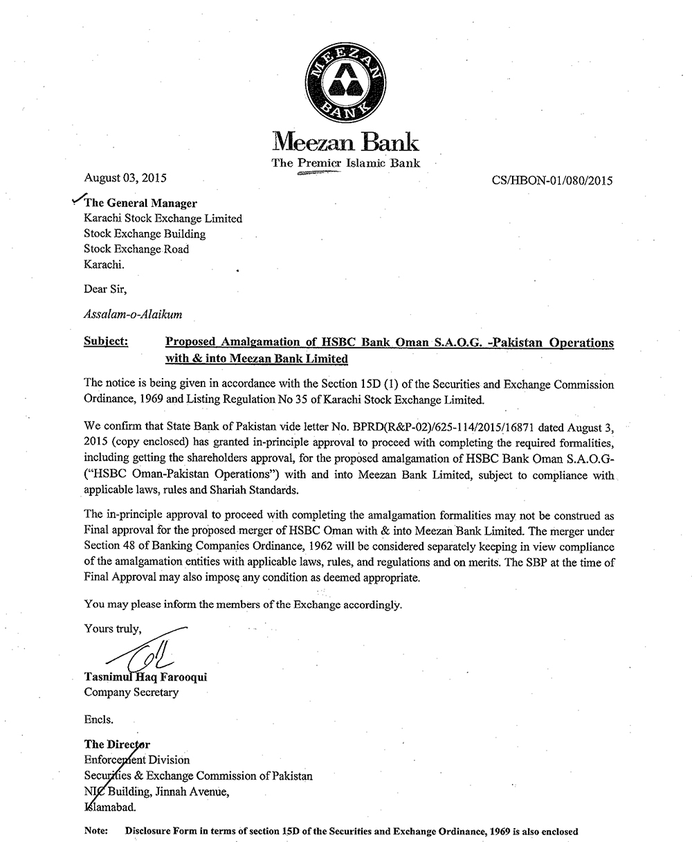 Proposed Amalgamation of HSBC Oman S.A.O.G-Pakistan Operation with and into Meezan Bank Limited 2015 (1)
