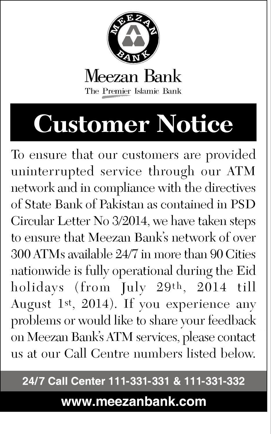 Customer Notice - Meezan Bank's ATM Services during Eid ...