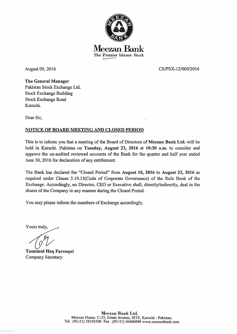 Notice of Board Meeting and Closed Period