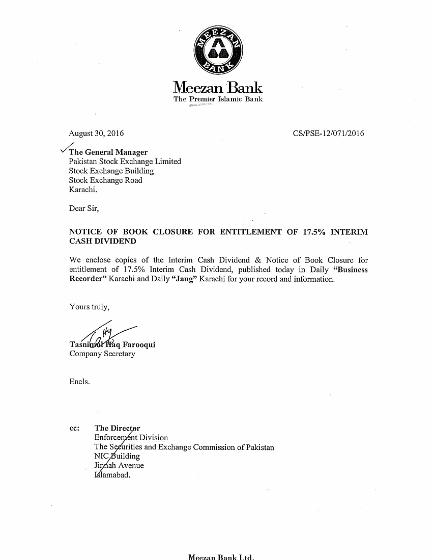 Notice of Book Closure for Entitlement of 17.5% Interim Cash Dividend 