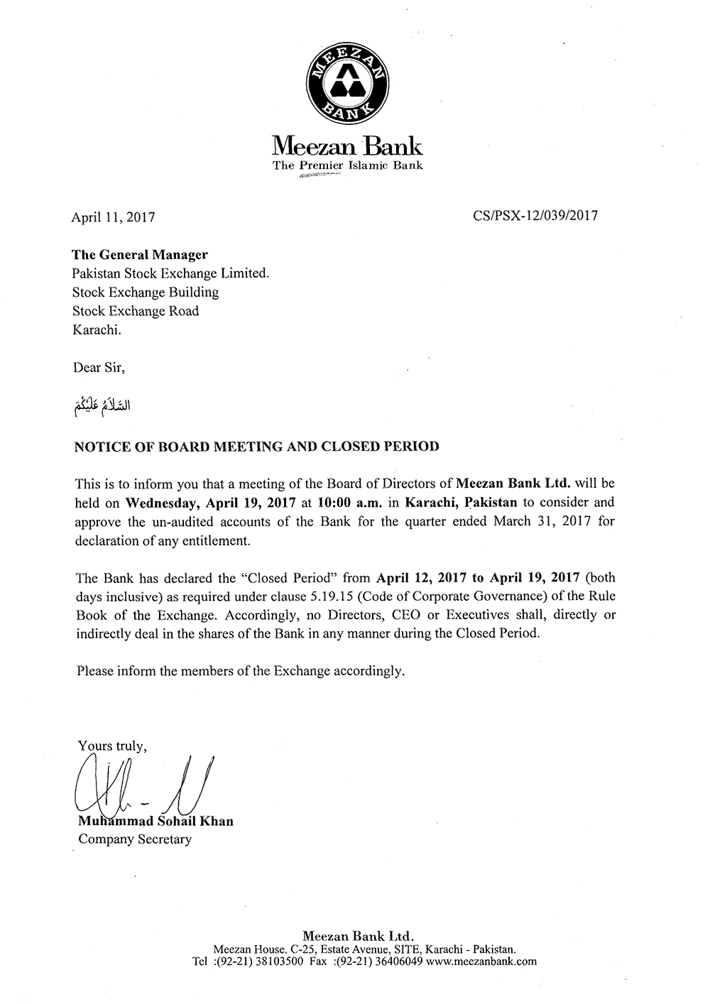 Notice of Board Meeting MAR2017