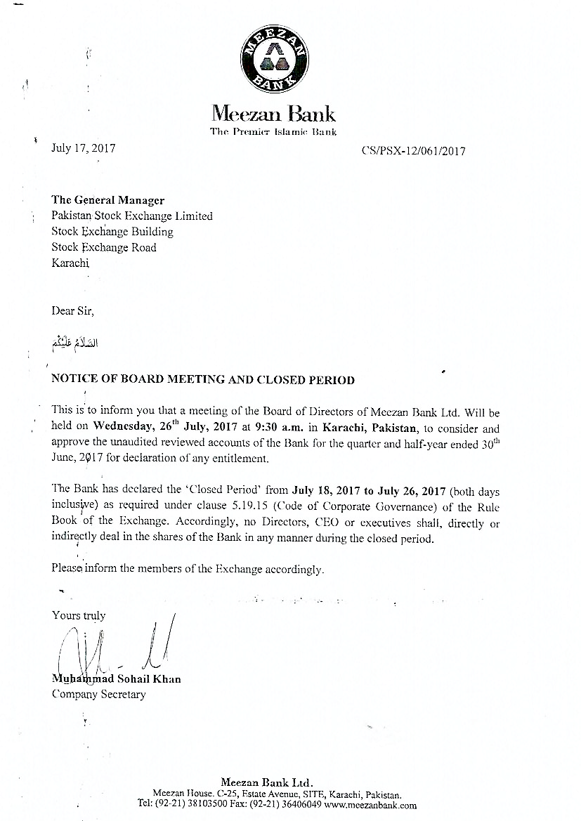 Notice of Board Meeting and Closed Period