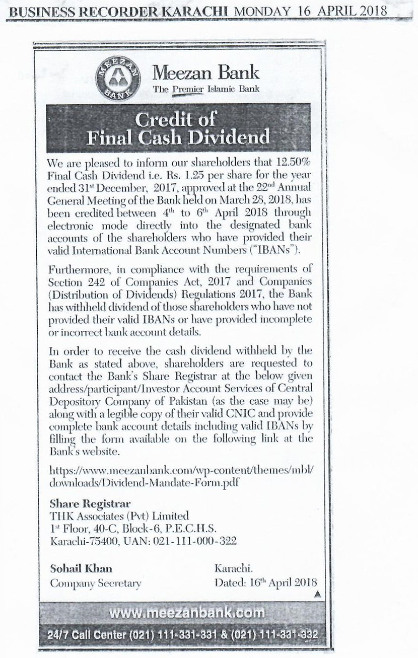 Credit of Final Cash Dividend