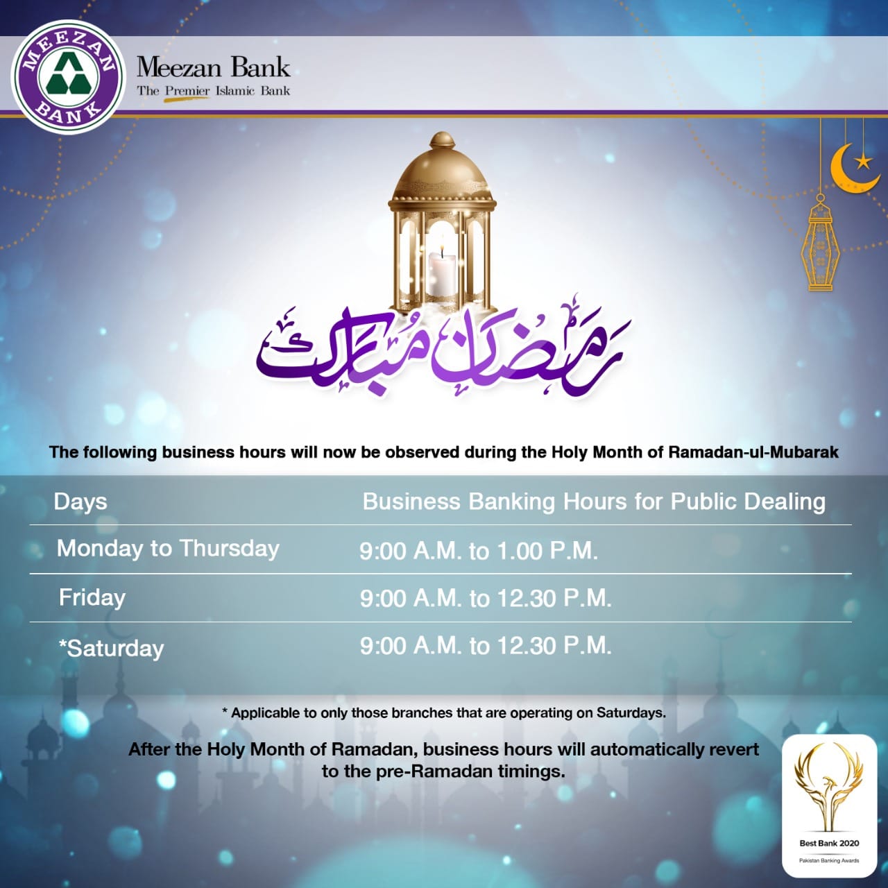 Revised Ramadan Branch Timings